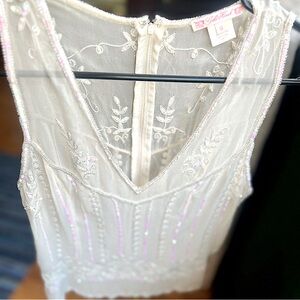 XS Gold Hawk sleeveless cream top iridescent beadwork & embroidery